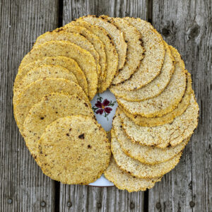 Round yellow tortillas placed in a spiral